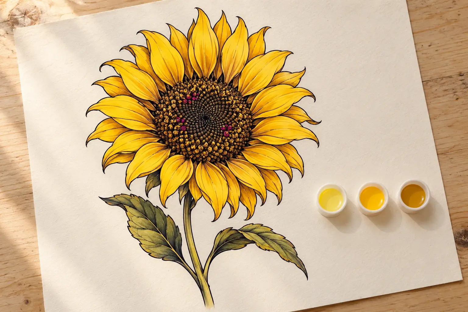 Ein Tattoo-Entwurf auf hellem Papier: eine Sonnenblume mit leuchtend gelben Blütenblättern und dunkler Kontur, daneben drei kleine Farbtöpfchen in Gelbtönen.