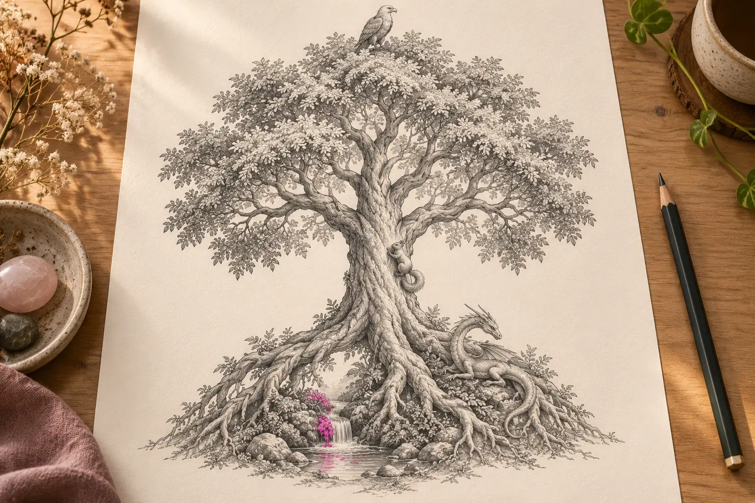 Ein Tattoo-Entwurf auf hellem Papier: eine mächtige Esche in feinen Linien mit weiter Krone und kräftigen Wurzeln, oben ein Adler, unten eine kleine Quelle mit pinkem Akzent.
