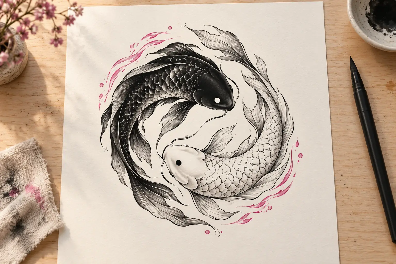 Ein Tattoo-Entwurf auf hellem Papier: zwei Koi, ein schwarzer und ein weißer, die zusammen einen Yin-Yang-Kreis bilden, umgeben von pinken Wellen, daneben ein Pinselstift.