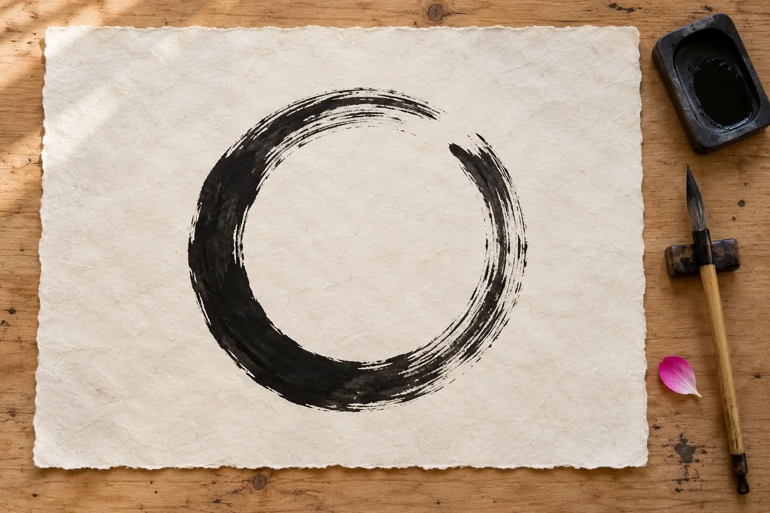 Ein Ensō, ein fast geschlossener Kreis aus einem kräftigen Pinselzug in schwarzer Tusche, auf hellem Japanpapier, daneben Pinsel, Tuschestein und ein pinkes Blütenblatt.