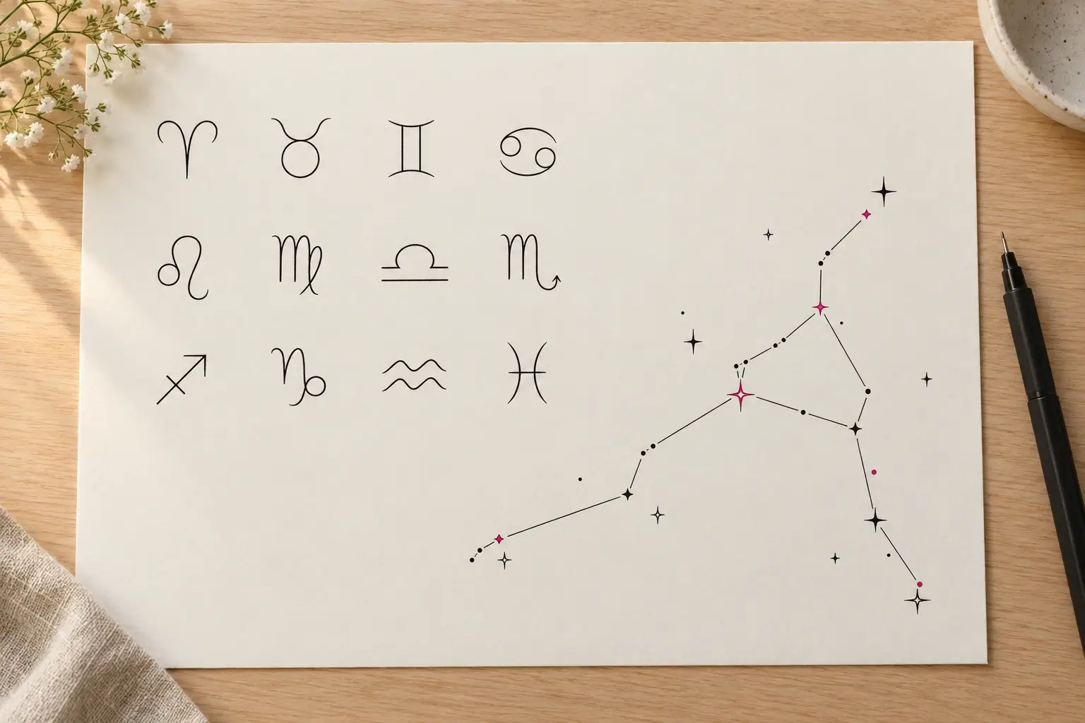 Ein Tattoo-Entwurf auf hellem Papier mit den zwölf Sternzeichen-Symbolen in feinen Linien und einem Sternbild aus Punkten und Linien mit pinken Akzenten.