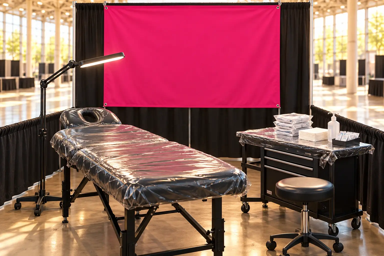 Ein leerer Tattoo-Messestand mit folienbezogener Liege, Lampe, Hocker und abgedecktem Arbeitstisch, dahinter ein pinkes Banner in einer hellen Messehalle.