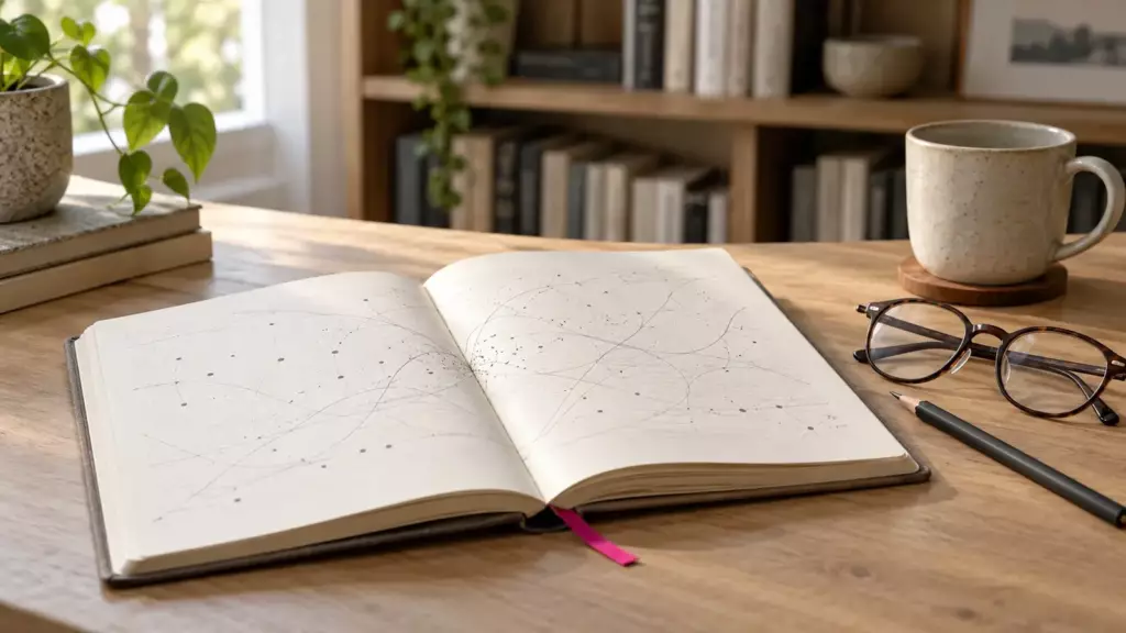 Aufgeschlagenes Notizbuch mit abstrakten Diagrammpunkten neben Lesebrille, Bleistift und Tasse auf einem Holztisch