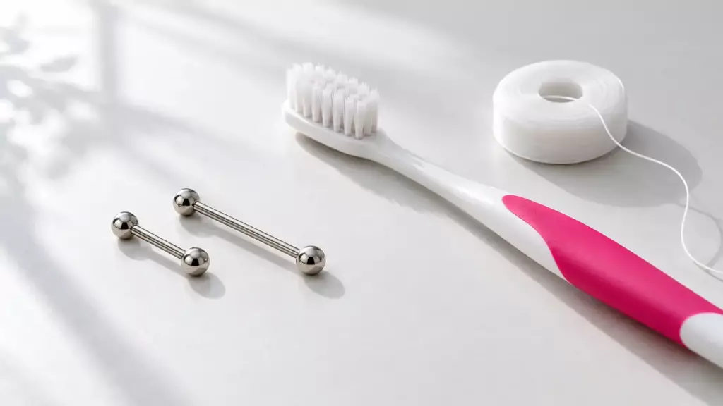 Zwei Piercing-Stäbe in kurz und lang, Zahnbürste mit pinkem Griff und Zahnseide (Symbolbild)