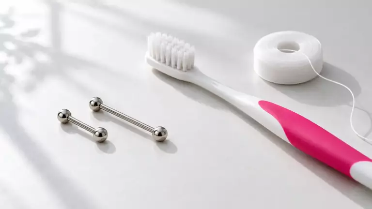 Zwei Piercing-Stäbe in kurz und lang, Zahnbürste mit pinkem Griff und Zahnseide (Symbolbild)